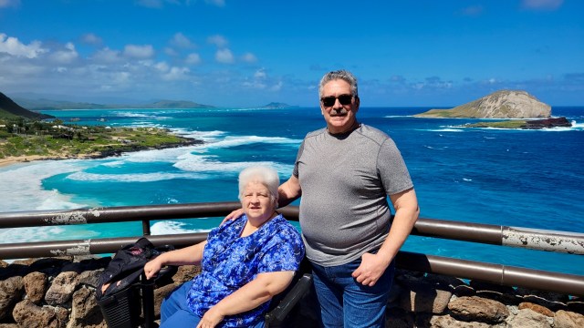 The author and his wife at Makapuʻu Lookout on Oahu.